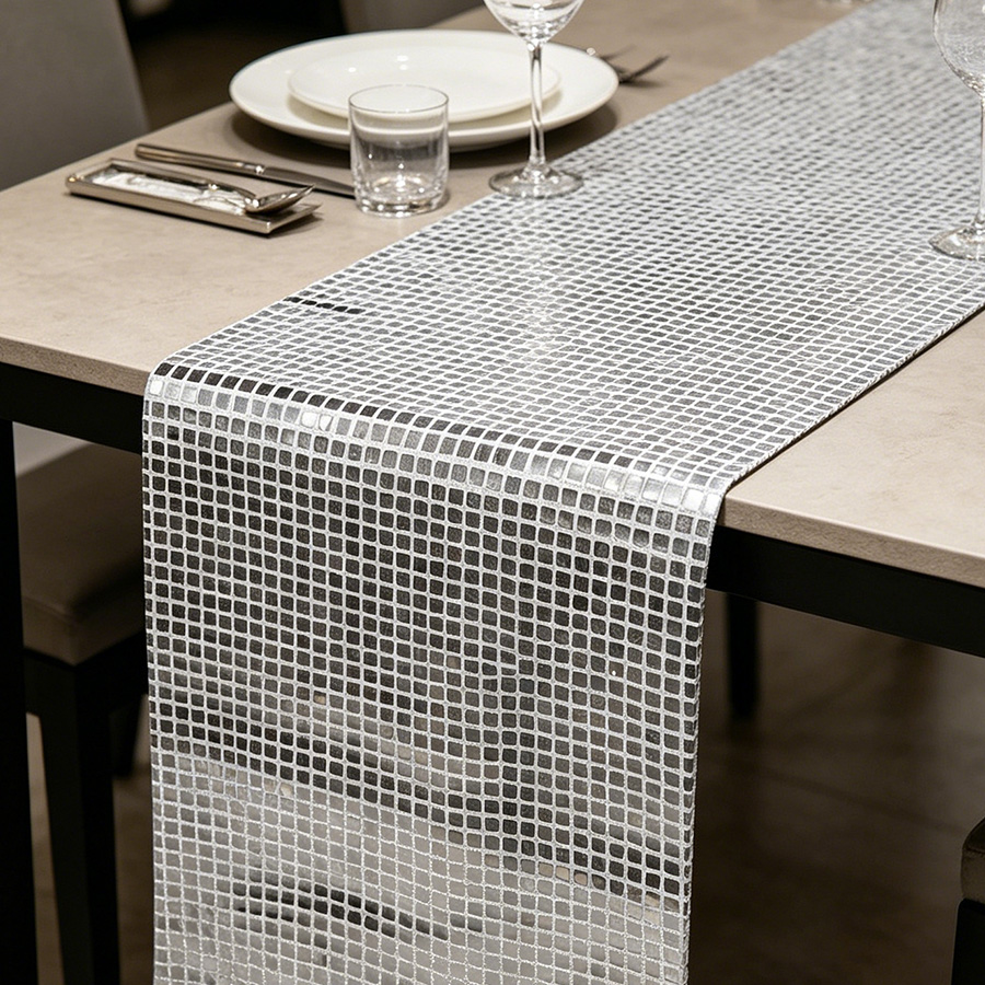Table Runner Sequin - Spiegel zilveren pailletten tafelloper jaren '70