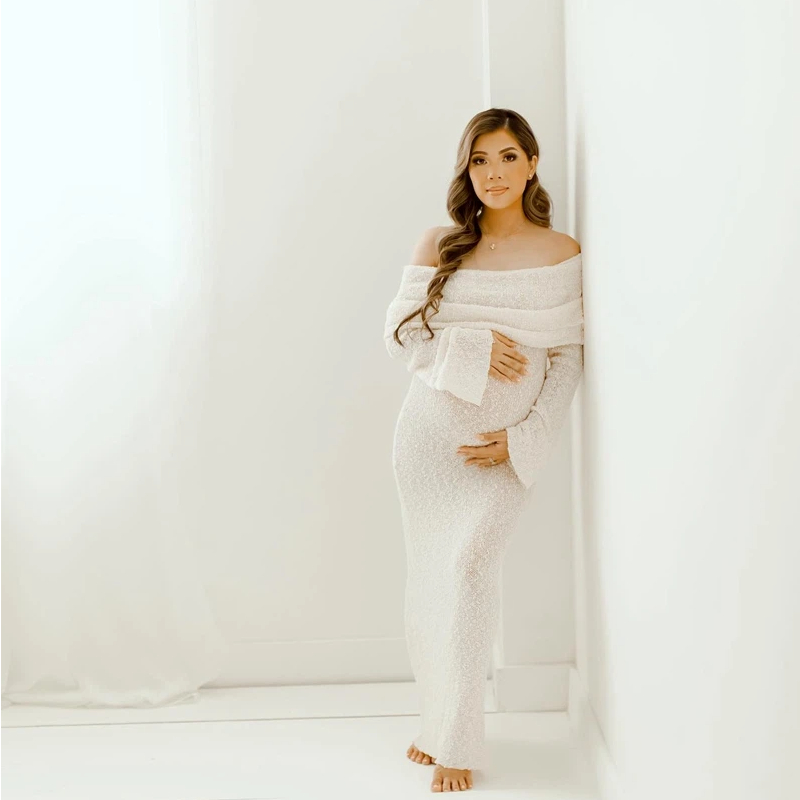 Photo Booth Prop - Off-shoulder moederschap fotoshoot jurk gebreide lange